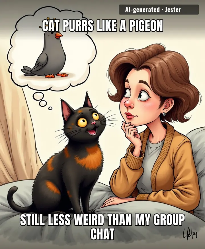 Pistachio Pudding's been doing a pigeon impression for 12 years and no one's told her it's not a cat thing — commitment issues? Never heard of her.