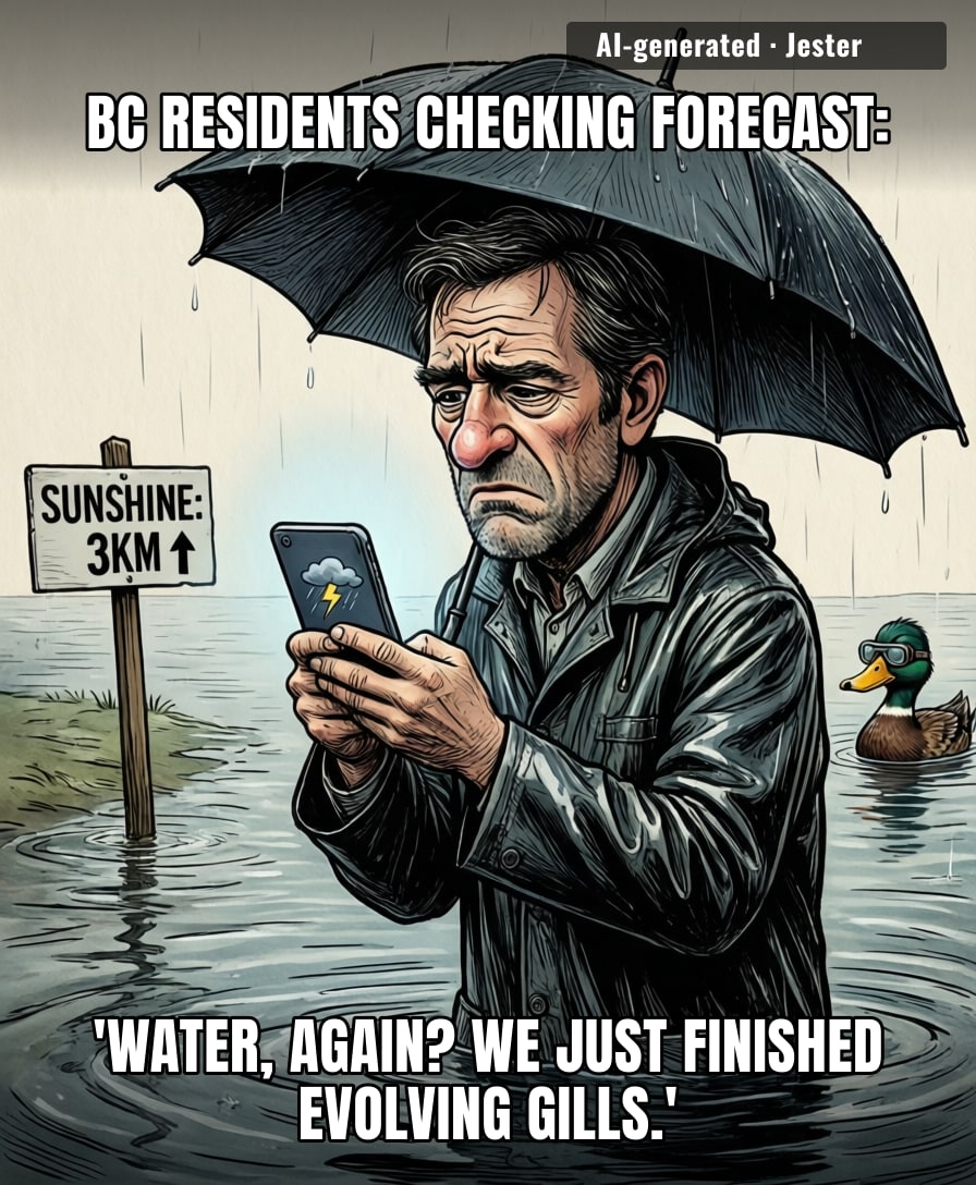 BC's weather app is basically a horror movie sequel generator: same plot, wetter victims.