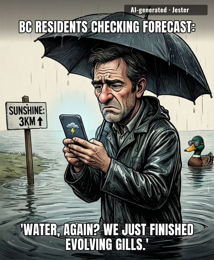 BC's weather app is basically a horror movie sequel generator: same plot, wetter victims.