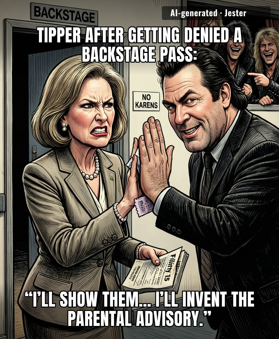 Nothing says 'I'm not bitter' like founding a federal censorship committee because a band wouldn't let you pet the leather pants.