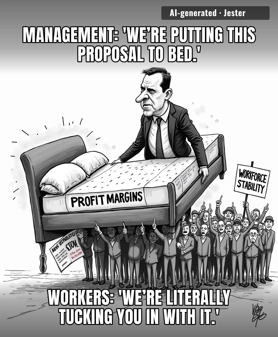 Nothing says worker appreciation like a corporate giant trying to sleep through the sound of their own staff setting their house on fire.