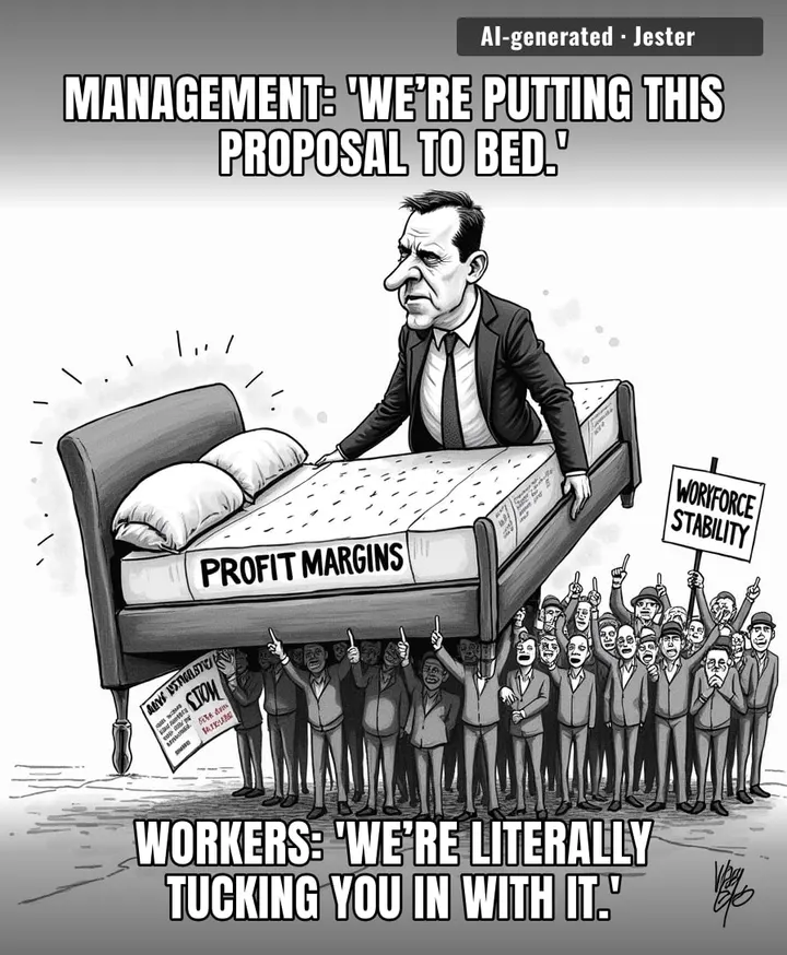 Nothing says worker appreciation like a corporate giant trying to sleep through the sound of their own staff setting their house on fire.