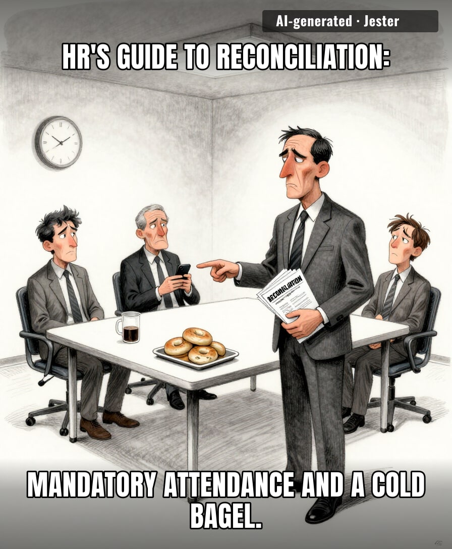 reconciliation as a calendar invite you can't decline from a manager who thinks 'land acknowledgement' is a setting on his out-of-office reply.