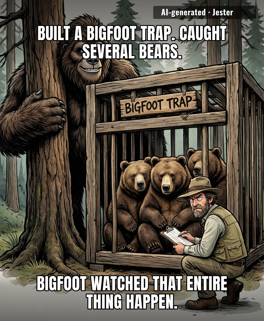 Fifty years, zero Bigfoot, several bears — so the trap's actual catch rate is 100% 'not Bigfoot.'