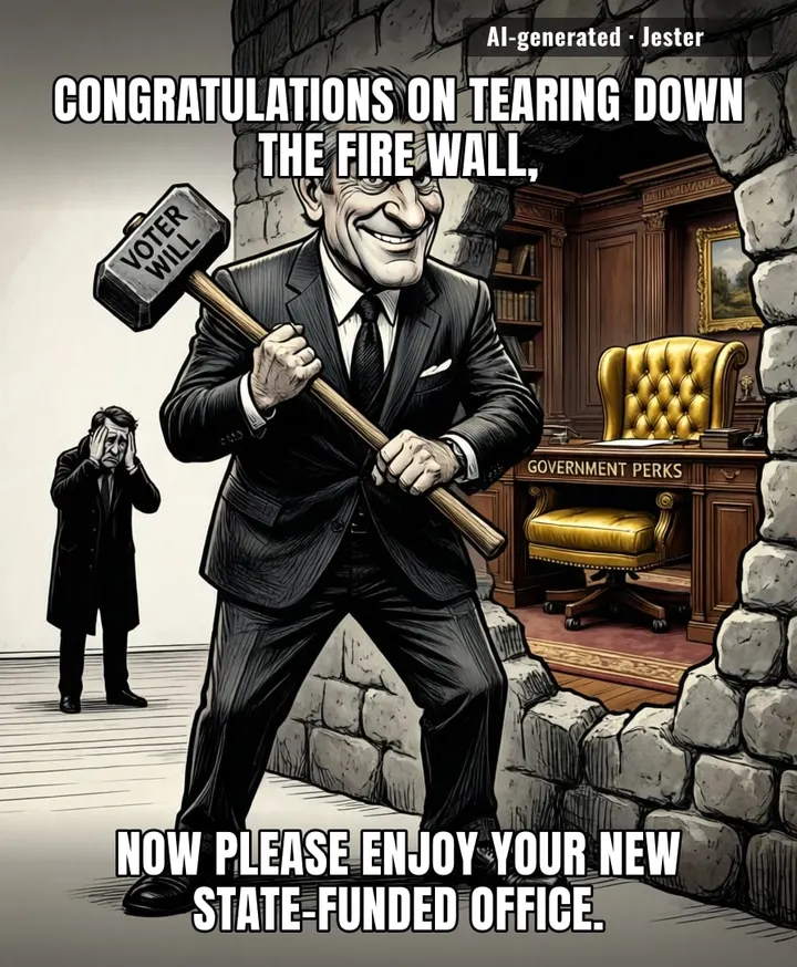 The irony of 'dismantling the system' while frantically checking the job benefits package is the only thing faster than their polling numbers.