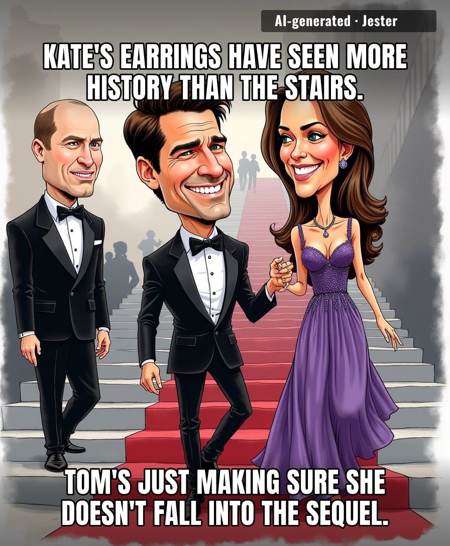 Tom Cruise helps Kate down the stairs. Tom Cruise has never done a stunt he couldn't walk away from.