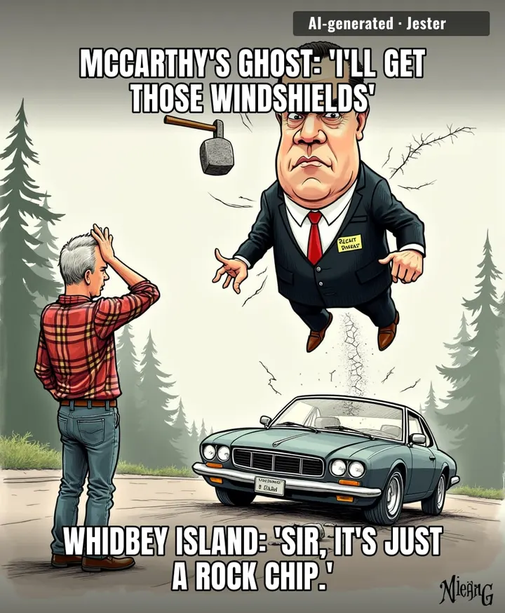 The only thing more cracked than those windshields is the logic of anyone blaming a dead senator for a pebble.