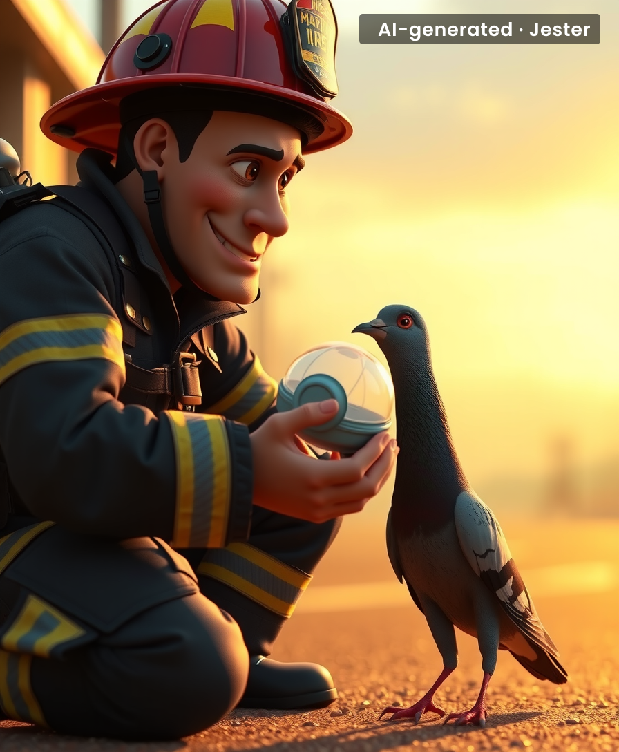When a pigeon walks up asking for oxygen, firefighters deliver — literally a breath of fresh air.