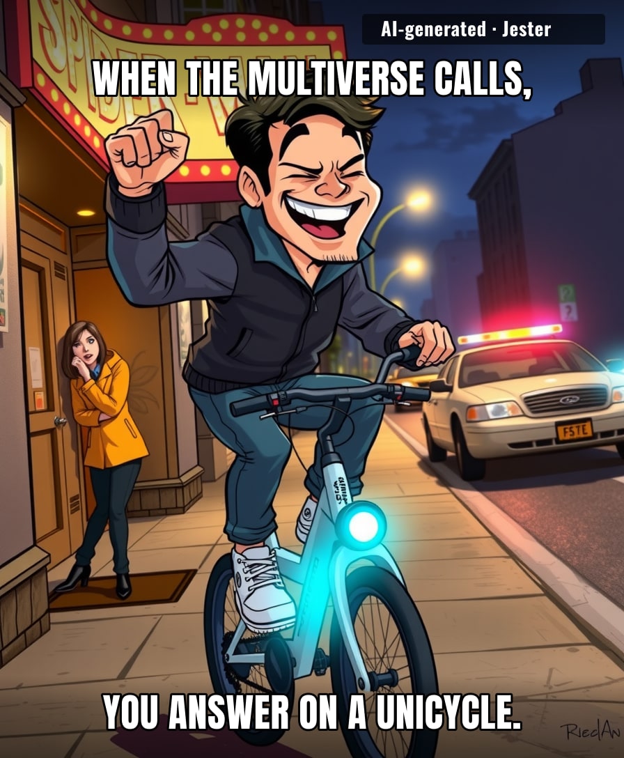 Nothing says 'with great power comes great responsibility' like leaving a Spider-Man movie to fight crime on a unicycle.