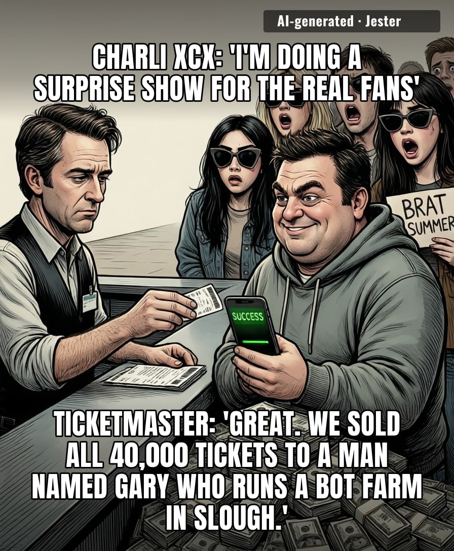 Charli XCX announced a tour for her actual fans, and Ticketmaster's algorithm heard 'actual fans' and immediately sold every ticket to a guy with 400 browser tabs named Kevin.
