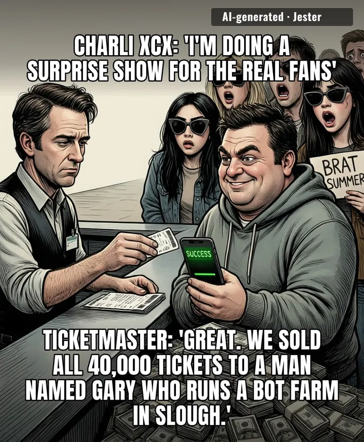 Charli XCX announced a tour for her actual fans, and Ticketmaster's algorithm heard 'actual fans' and immediately sold every ticket to a guy with 400 browser tabs named Kevin.