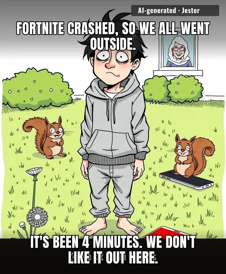 the servers went down and the whole generation finally touched grass — turns out it's itchy and we hate it