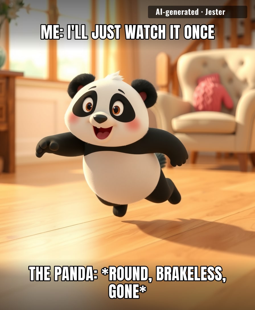 panda cub running on zero thoughts and pure gravity — the only creature alive who has never once thought about money
