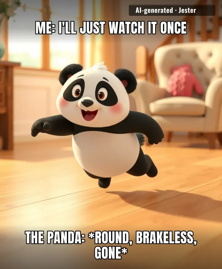 panda cub running on zero thoughts and pure gravity — the only creature alive who has never once thought about money