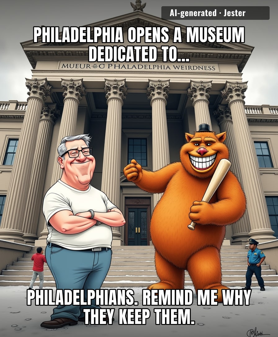 A museum about Philly behavior? That's just a building with a pickle jar and a traffic cone in a glass case, and the whole city still won't show up because it's not next to a Wawa.