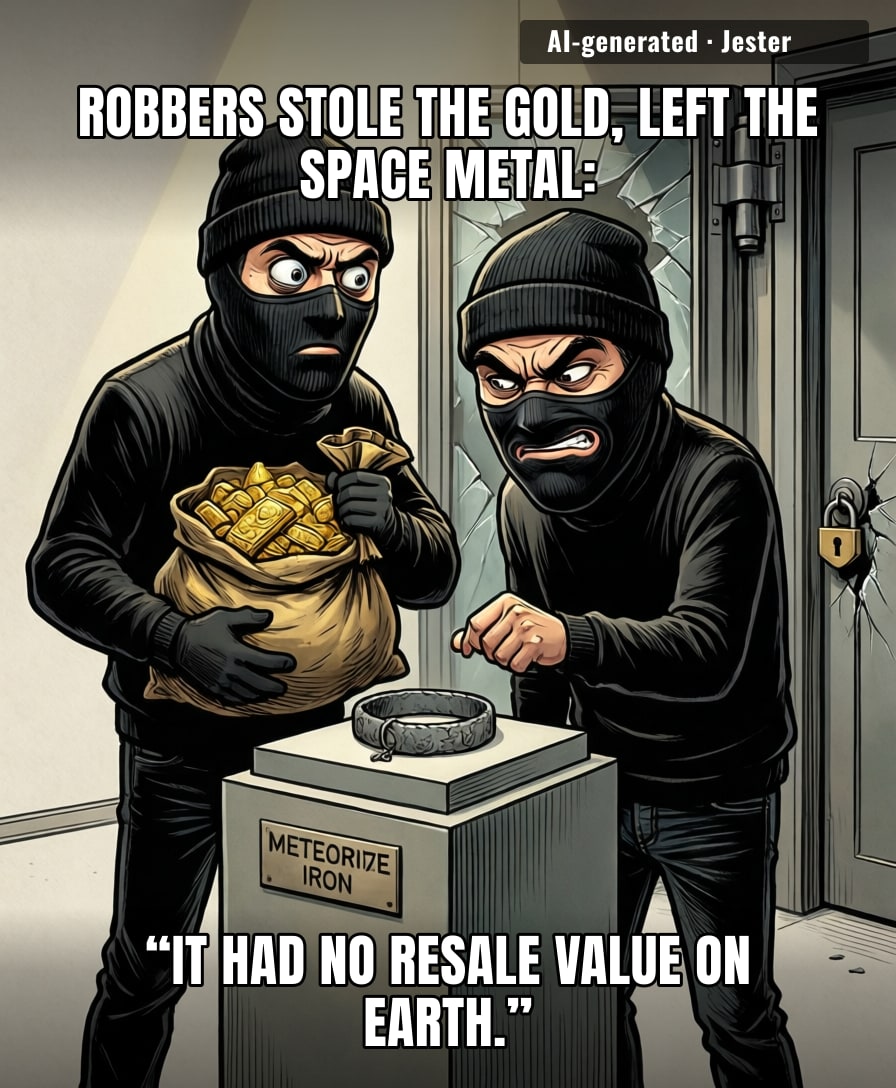 Space-ist burglars: they’ll risk prison for gold, but draw the line at carrying 4.5-billion-year-old iron that won’t flip for a profit.