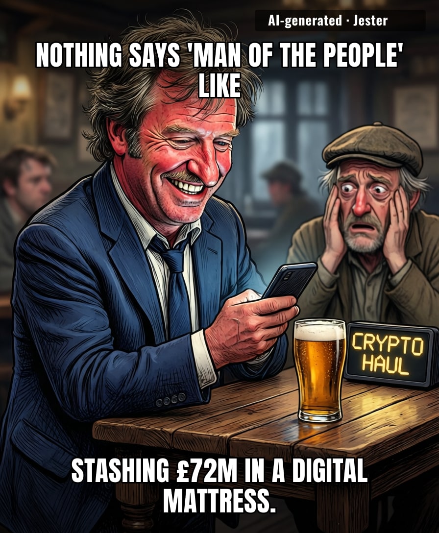 Nigel Farage is the only man who can launch a career on being an anti-establishment rebel and end up with enough crypto to buy a small country's central bank.