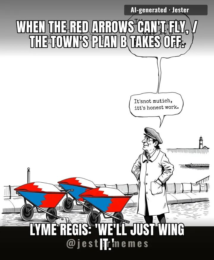 The Red Arrows are grounded, so Lyme Regis is sending in the wheelbarrows — which is how the RAF finally found its match for British engineering.