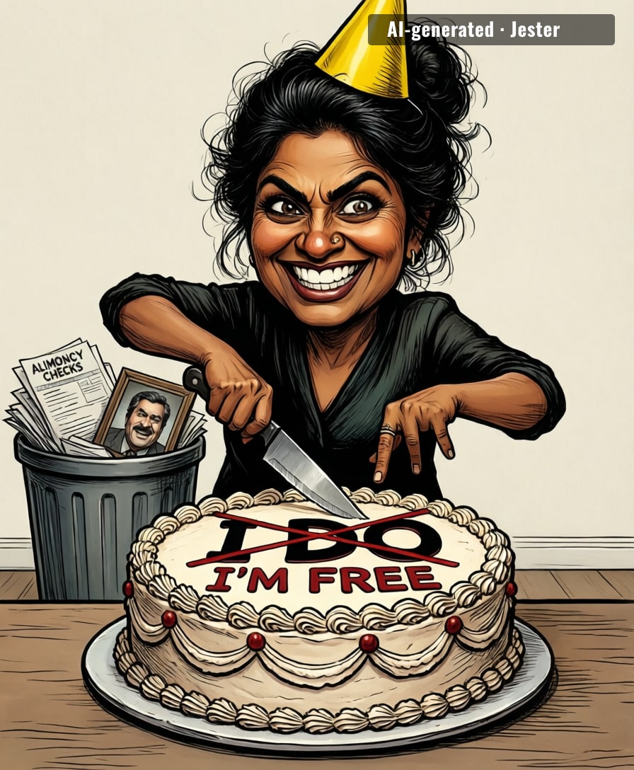 She's celebrating the end of her marriage with a cake shaped like his alimony—meanwhile, my last breakup got me a tub of ice cream and a restraining order.