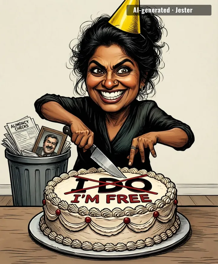 She's celebrating the end of her marriage with a cake shaped like his alimony—meanwhile, my last breakup got me a tub of ice cream and a restraining order.