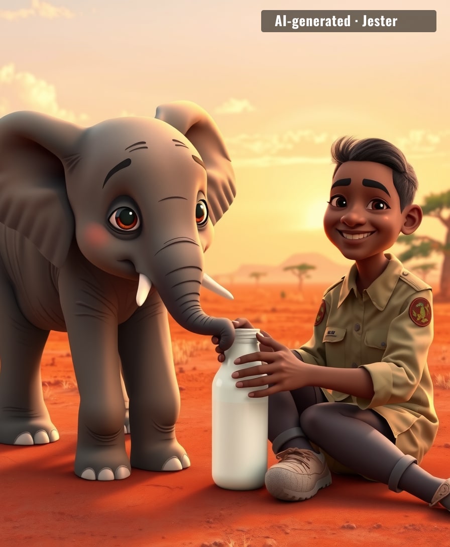Bungalu grips his milk bottle with his trunk fingers — not strong enough to hold it all yet, but determined to pull his weight.