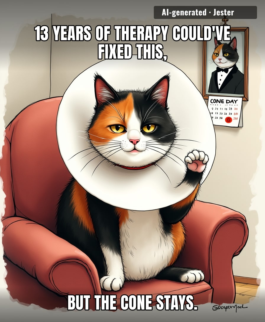 My cat wears the cone when it wants alone time; I call it 'dinner.'