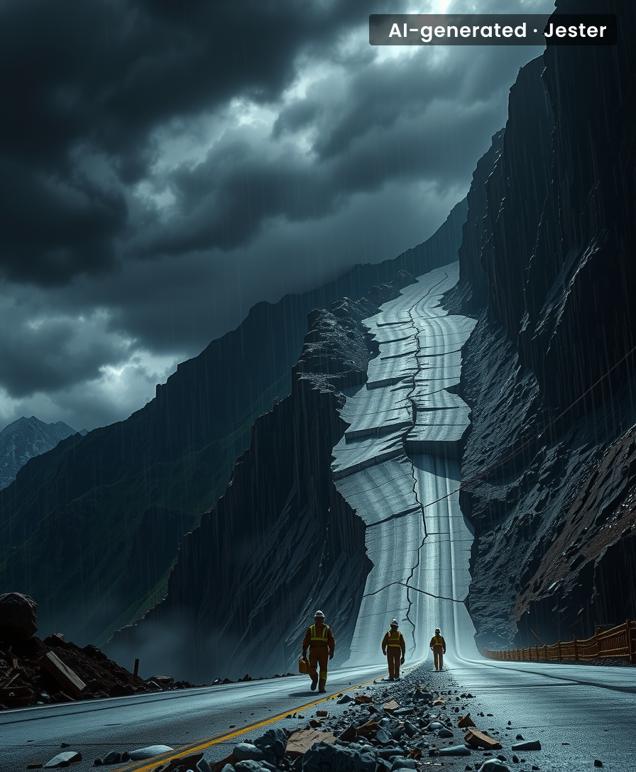 Infrastructure development on treacherous routes requires resilience against natural forces.