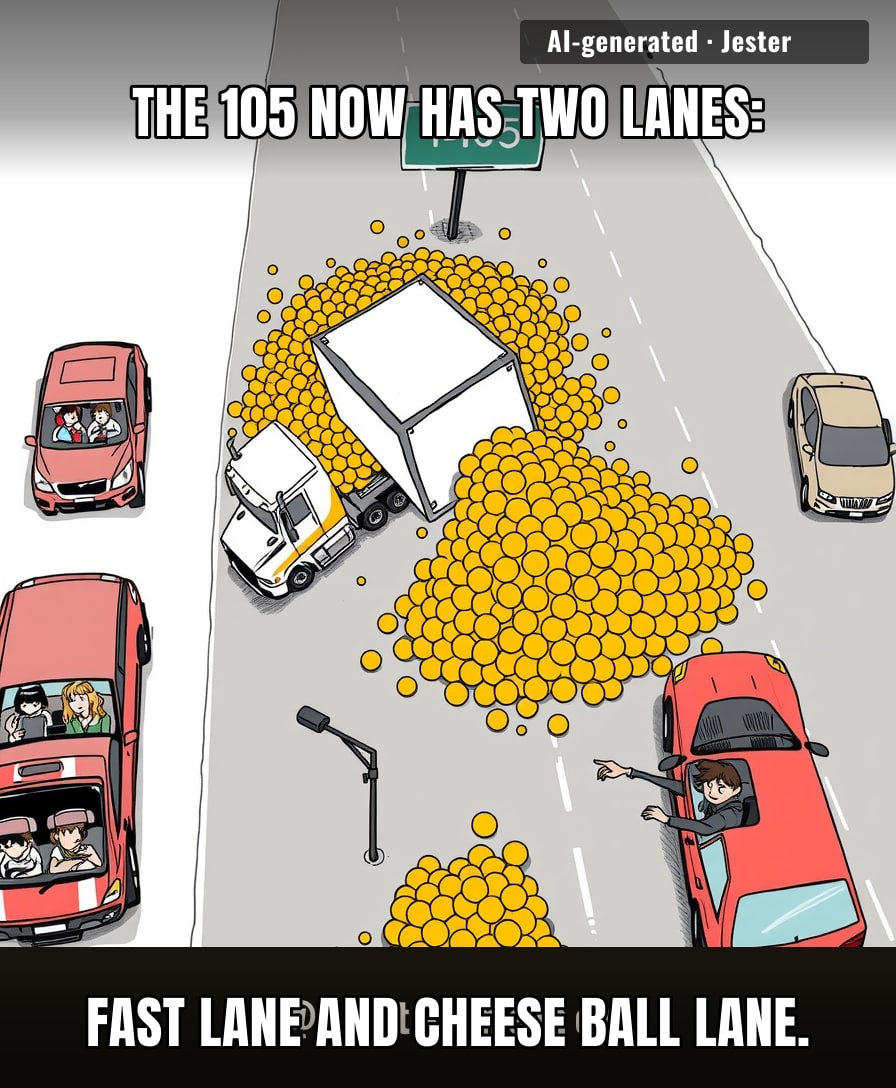 At this point, the cheese balls have done more to shut down the 105 than Caltrans ever could.