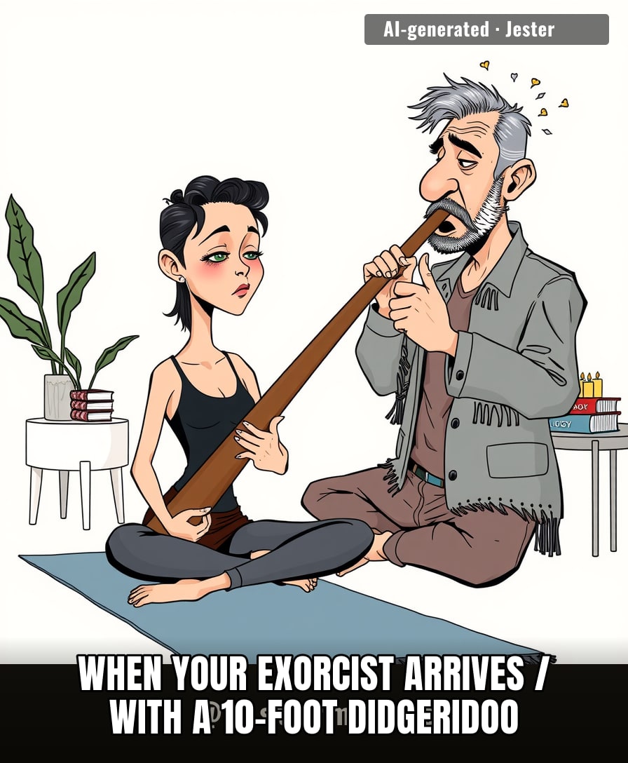 Nothing says 'demons out' like a man who showed up with a wind instrument and a plan.