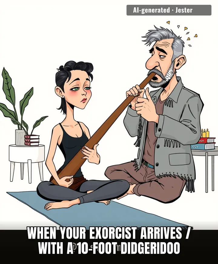 Nothing says 'demons out' like a man who showed up with a wind instrument and a plan.