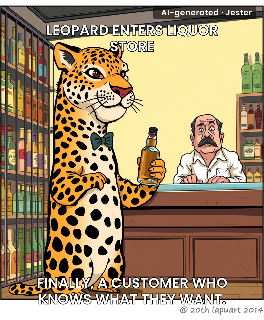 The leopard's only mistake wasn't grabbing a basket.