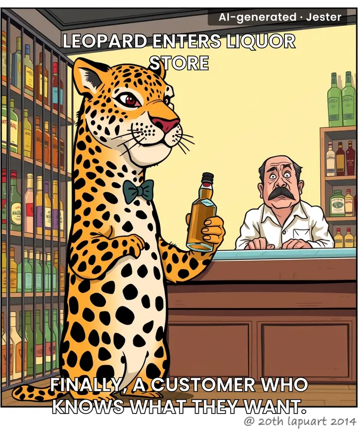 The leopard's only mistake wasn't grabbing a basket.