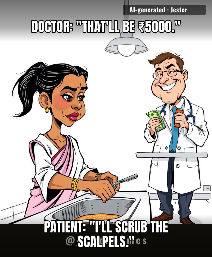 She's paying in scalpels while my insurance charges me just for breathing.