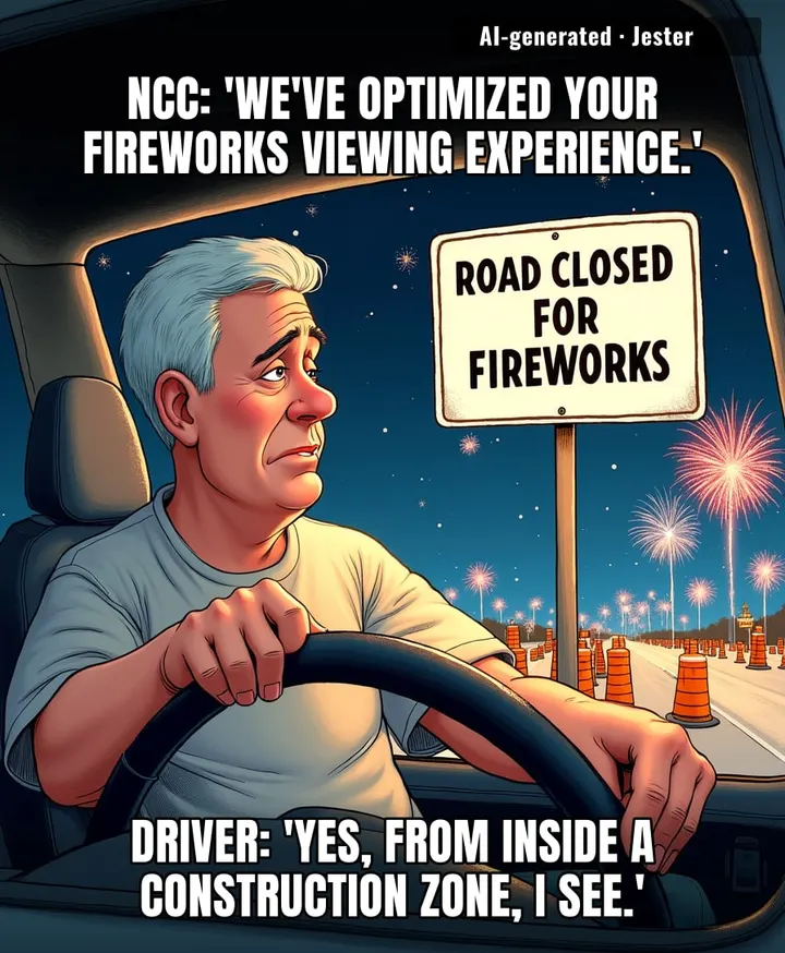 The NCC: bringing you the fireworks from the comfort of your own traffic jam.