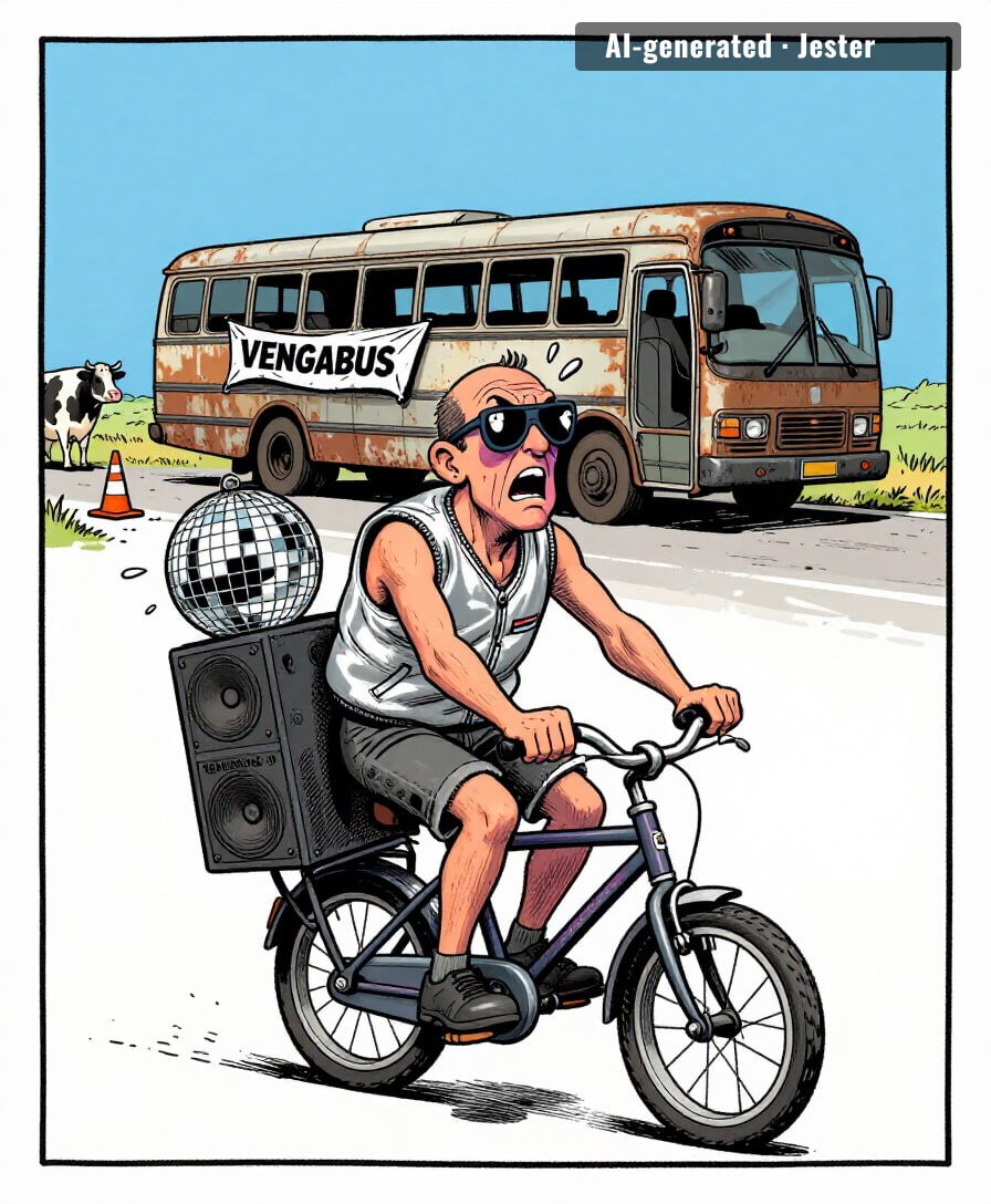 the bus is coming, but now it's just one guy named Hans on a Schwinn