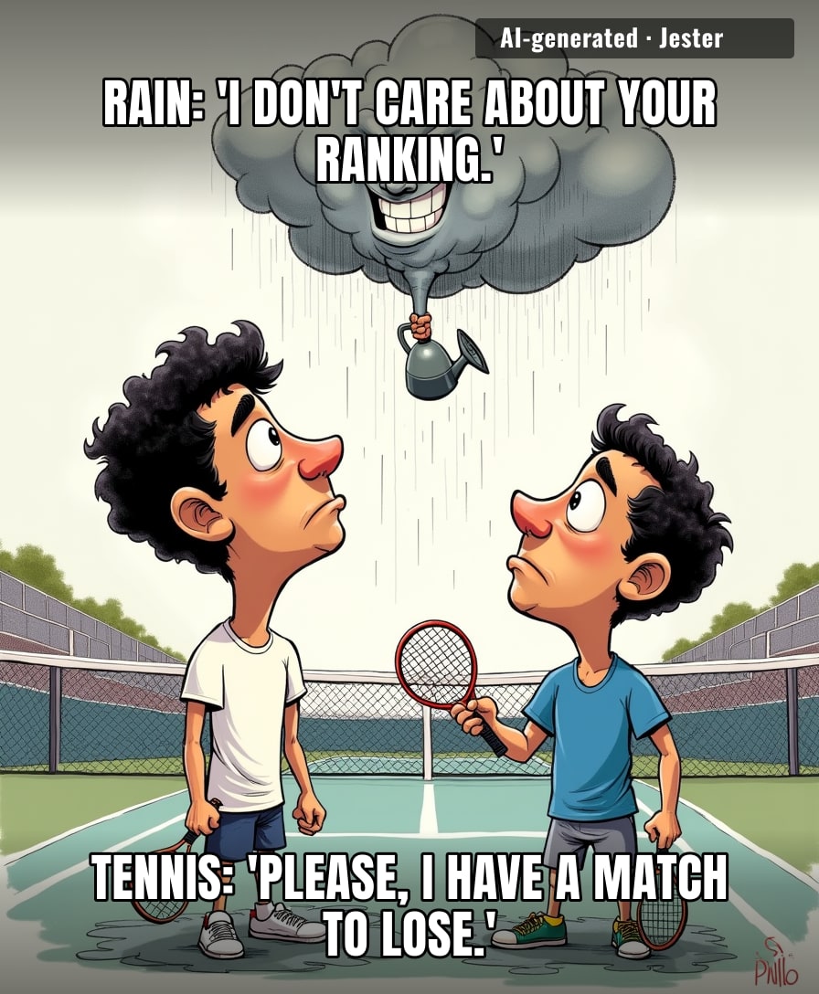 Million-dollar rackets, billion-dollar egos, and a cloud just goes 'nope' — the universe's favorite equalizer.