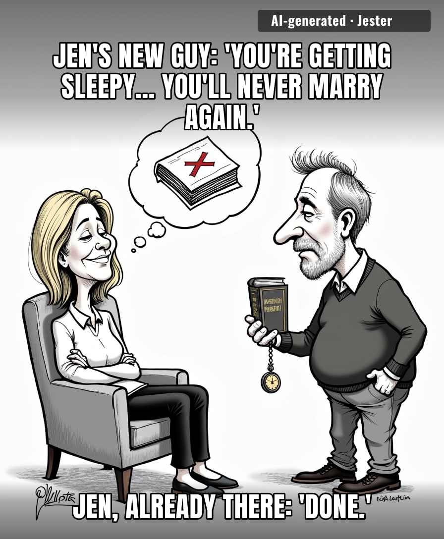 She's already hypnotized—into the only relationship where the therapist gets free PR and she never has to say 'I do.'
