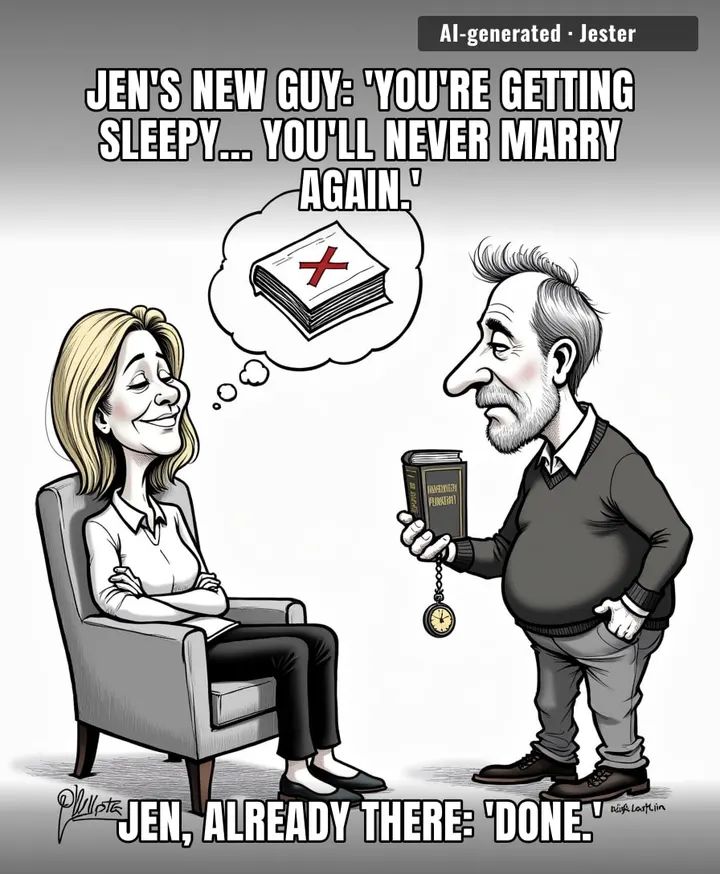 She's already hypnotized—into the only relationship where the therapist gets free PR and she never has to say 'I do.'