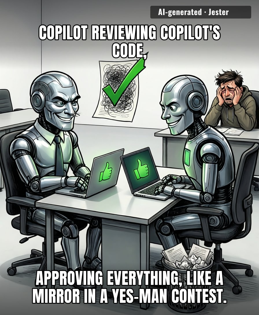 two AIs approving each other's work. the future is just an empty room with a mirror.