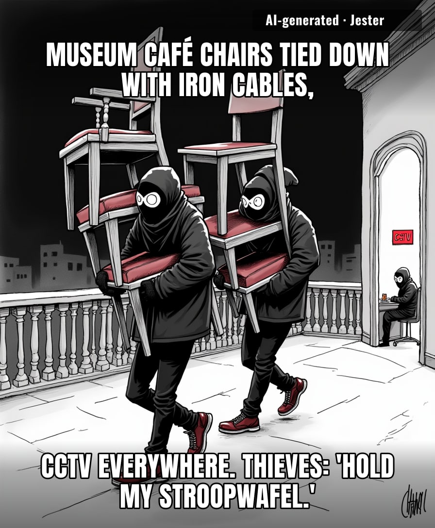 Nothing says 'high-end heist' like walking off with 88 chairs in 4 AM shifts because your target is a museum café.
