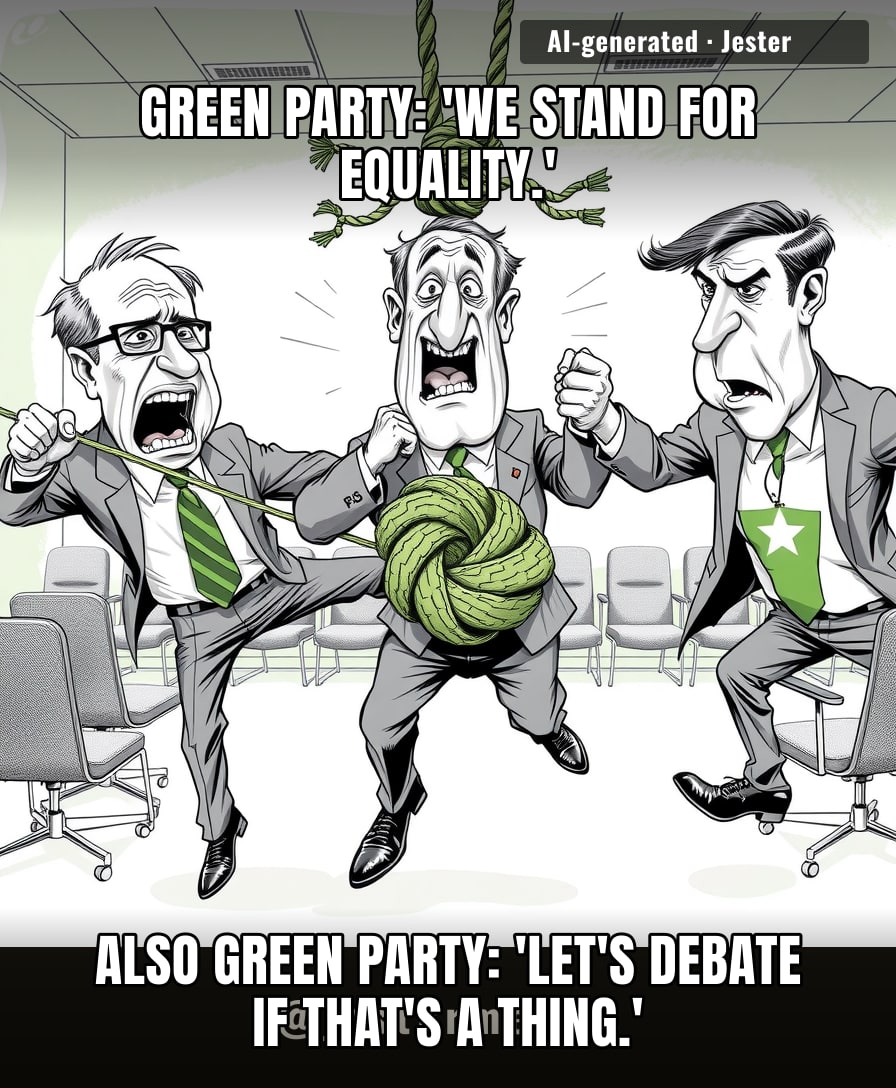 The most Green party thing ever—falling apart over a motion instead of just, you know, existing.