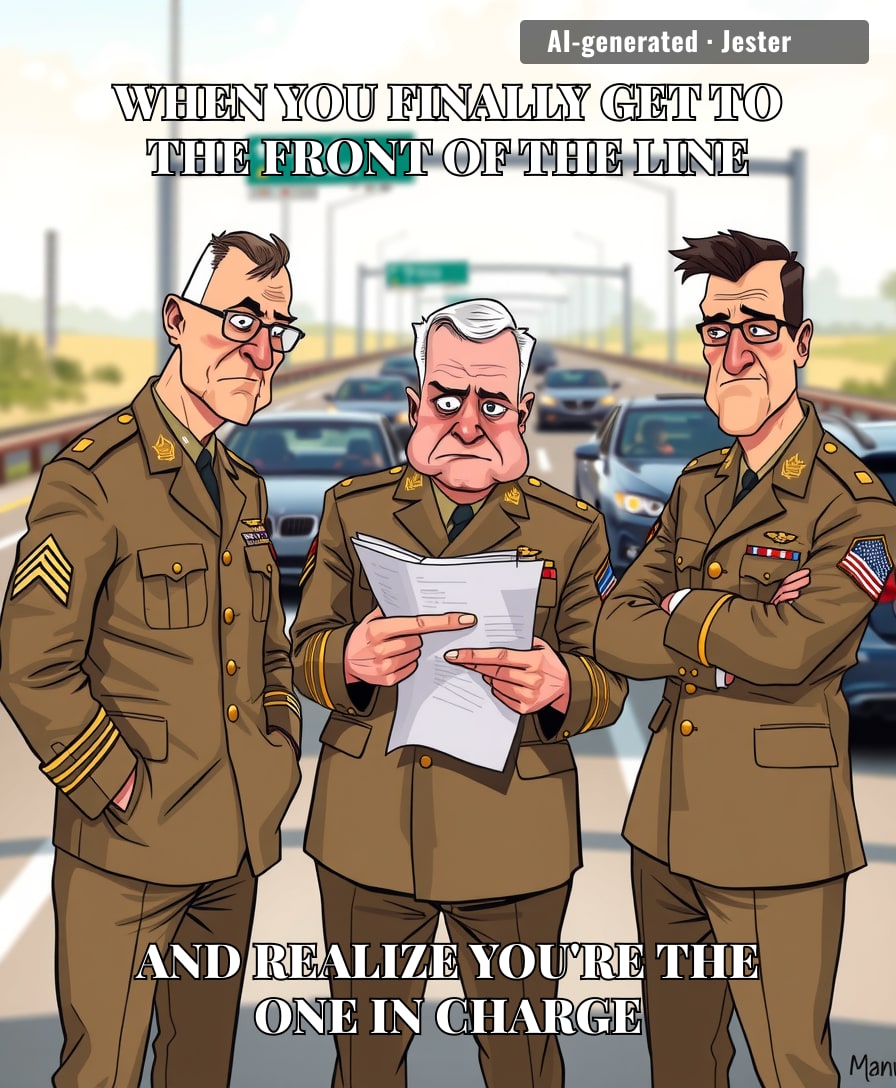 The military's version of a traffic jam is just a bunch of people standing around waiting for someone else to tell them to move.