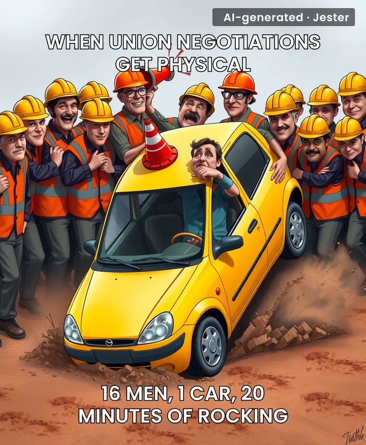 Nothing says solidarity like 16 grown men rocking a car like it's a carnival ride.