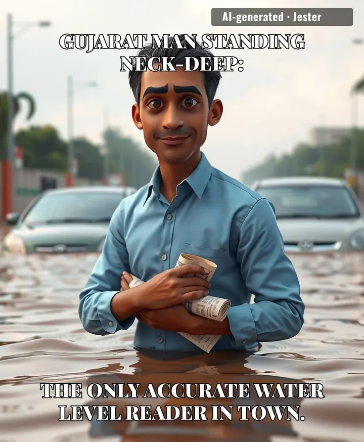 When the city's drainage system fails, but you're a resourceful guy—so you become a human depth marker.