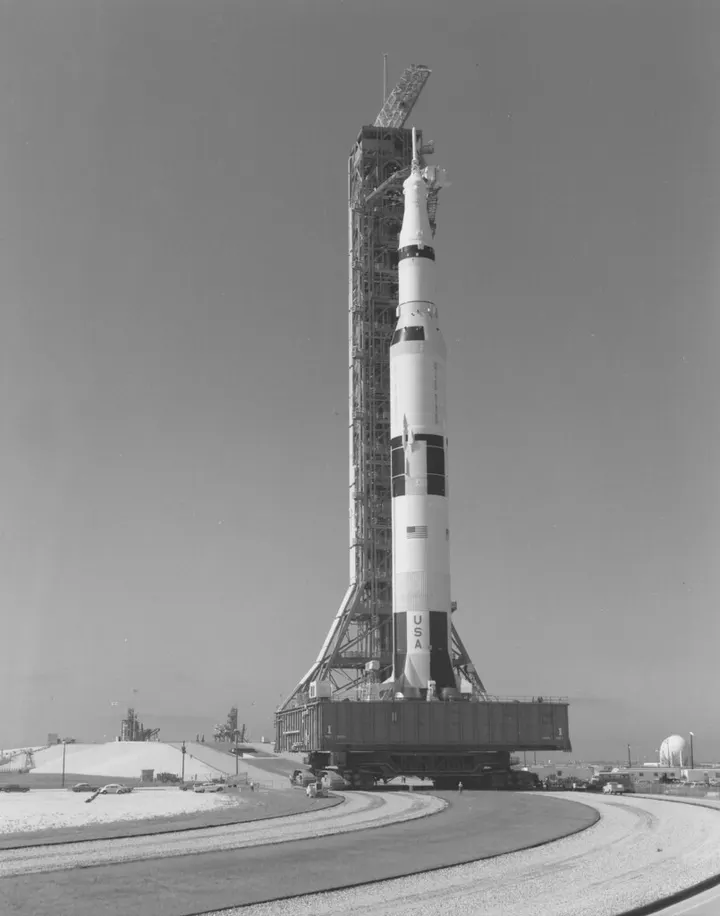 The Saturn V rocket that carried Apollo 11 to the Moon, its trajectory charted by hand. — Photo: Apollo Image Gallery (PDM 1.0), via nasa