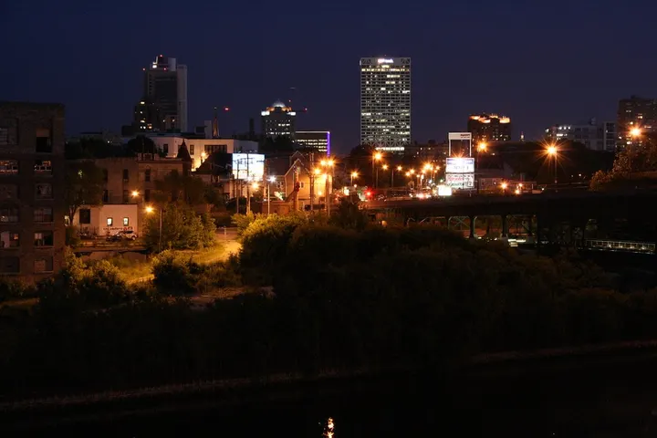 Milwaukee's Park East corridor: the freeway stub came down in 2002, and the empty land sat undeveloped for years before the cranes arrived. — Photo: compujeramey (BY 2.0), via flickr